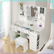 Modern Vanity Desk White Makeup Desk 5 Drawers 10 LED Lights Mirror and Stool