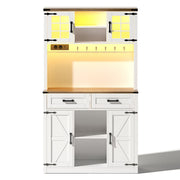 White Tall Kitchen Pantry Cabinet Highboard LED Lights Barn Doors 2 Drawers