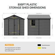 8x8FT Plastic Garden Shed Outdoor Tool Storage House with Floor & Lockable Doors