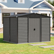 8 x10ft Garden Storage Shed with Double Sliding Door Grey Wood Effect, FREE BASE