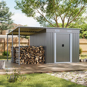 Grey Metal Garden Shed Tools Bikes Storage House with Side Canopy, 345x280x181cm