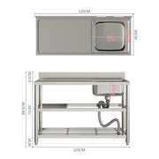 120cm Stainless Steel Commercial Kitchen Single Bowl Sink With Worktop + Shelf