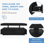 Coffee Table LED Black High Gloss 2 Drawers Glass Storage RGB Lights App Control