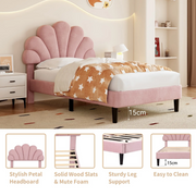 3FT Single Velvet Bed Frame with Adjustable Petal Headboard Easy Assembly Pink