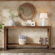63 Inch Solid Wood Console Table Modern Narrow Entryway Table with Storage Shelf