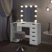 White Dressing Vanity Table Wood Makeup Desk with LED Lights Mirror 6 Drawers