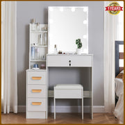 Dressing Table With Led Mirror 4 Drawers Vanity Makeup Desk Stool Set White