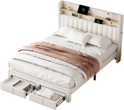 Double Bed Frame 4ft6 Upholstered Storage Bed USB-C Shelving Headboard Beige