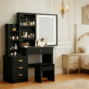 Black Dressing Table With Drawers Led Mirror Stool Makeup Desk Vanity Table Set