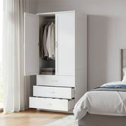 Tall Wooden 2 Door Wardrobe with 3 Drawers Bedroom Storage Furniture