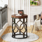 Round End Table, Industrial Side Table with Metal Hollow Frame for Living Room