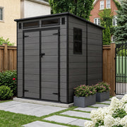 6x6ft Grey Garden Shed Outdoor Plastic Utility Tool Storage House with Windows