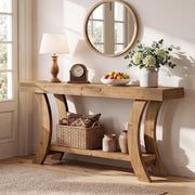 63-Inch Farmhouse Solid Wood Console Table with Lower Storage Shelf for Entryway