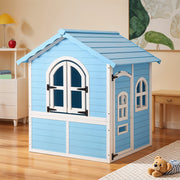 Large Wooden Playhouse with Doors, Windows, Apex Roof for Kids Children- Blue UK