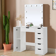 White Dressing Vanity Table Wood Makeup Desk with LED Lights Mirror 6 Drawers