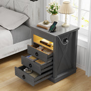 Bedside Cabinets with Hidden Drawer, LED Bedside Table with Charging Station