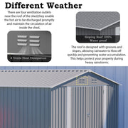 10x14FT Galvanized Metal Garden Shed Lockable Door Tool Storage shed, Grey