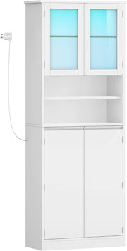 Kitchen Pantry Cupboard LED Tall White Storage Cabinet Glass Doors Shelves 170cm