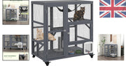 Cat Cage House Catio Indoor Enclosure on Wheels Fir Wood Grey 3 Levels
