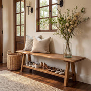 55 Inch Farmhouse Solid Wood Entryway Bench with Open Storage Shelf for Hallway