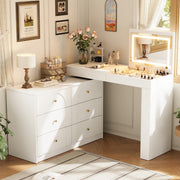 L Shaped Vanity Desk LED Flip Mirror 7 Drawers Dressing Table Bedroom Furniture