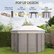 Hexagon Patio Gazebo Garden Shelter Heavy-Duty Double Roof w/ Mesh, 3 x 4m