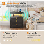 Bedside Table with Charging Station & Hidden Drawer, Nightstand with LED Lights