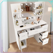 Modern Vanity Desk White Makeup Desk 5 Drawers 10 LED Lights Mirror and Stool
