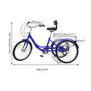 24 Inch Adult Trike Tricycle Foldable 3 Wheel Bike 7-Speed With Basket Blue UK