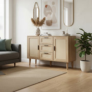 Sideboard Cabinet Cupboard w/ 2 Doors 3 Drawers Rattan Sideboard for Living Room