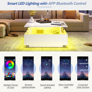 Coffee Table with LED Square High Gloss White Storage Tea Table for Living Room