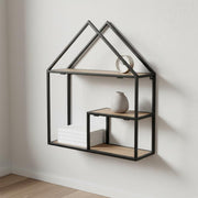 House Shaped Wall Shelf Retro Metal and Wood Display Shelf for Bedroom,