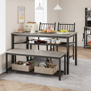 4-Piece Grey Dining Set for 4, Rectangular Table, 2 Chairs & Bench W/ Wine Rack