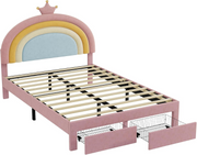 4ft6 Double Bed Frame Pink Rainbow Headboard 2 Storage Drawers Kids Girls