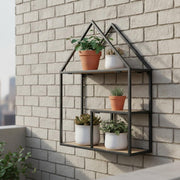 House Shaped Wall Shelf Retro Metal and Wood Display Shelf for Bedroom,
