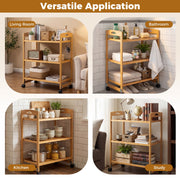 3-Tier Storage Rolling Cart Bamboo Utility Cart w/4 Universal Wheels