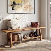 55 Inch Farmhouse Solid Wood Entryway Bench with Open Storage Shelf for Hallway