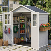 6x4ft Plastic Garden Shed w/ Windows Floor Utility Tool Storage House Grey Grain