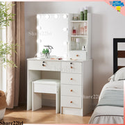 Dressing Table White Vanity Set Makeup Desk with Stool Mirror 6Drawer LED Lights