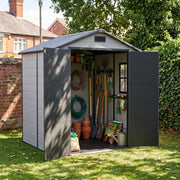 8x6 6x6 5x3 Plastic Garden Shed with Floor Window Lockable Door Wood Grain Grey