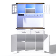 White Tall Kitchen Pantry Cabinet Highboard LED Lights Barn Doors 2 Drawers