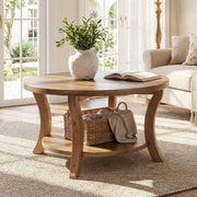 80cm Modern Round Solid Wood Coffee Table with Storage Shelf for Living Room