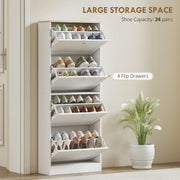 Narrow Shoe Cabinet with 4 Flip Drawers for 24 Pairs of Shoes White