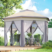 Hexagon Patio Gazebo Garden Shelter Heavy-Duty Double Roof w/ Mesh, 3 x 4m