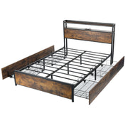 Double Size Bed Frame Metal Bed Platform LED Lights Headboard & 4 Storage Drawer