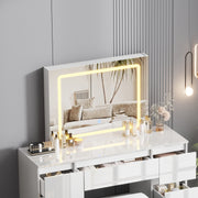White Dressing Table High Gloss Vanity Makeup Desk 7 Drawers& Stool& LED Mirror