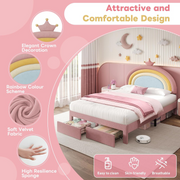 4ft6 Double Bed Frame Pink Rainbow Headboard 2 Storage Drawers Kids Girls