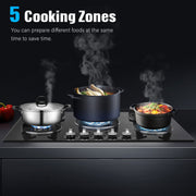 OYAJIA 77cm Black 5 Burner Gas On Glass Hob With Cast Iron Pan Stands