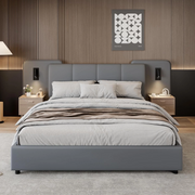 BTM 4ft6 Double Bed !SALE! Grey Upholstered Frame LED USB Charging Headboard