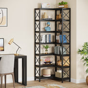 Corner Bookshelf, Large Modern Corner Bookcase with Metal Frame for Living Room